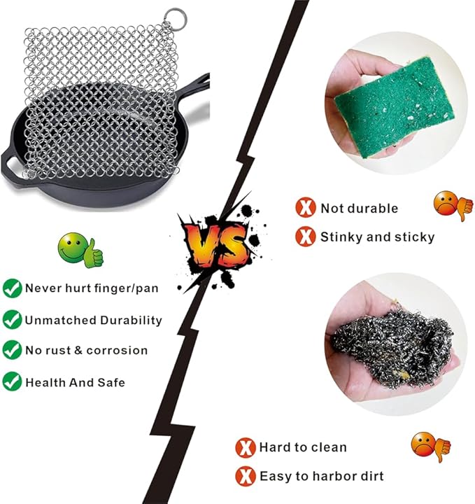 BabriInta Cast Iron Scrubber - 6 Inch Stainless Steel Chain mail Scrubber for Cast Iron Pans Cleaner Chainmail Scrubber for Skillet, Wok, Pot, Dutch Ovens