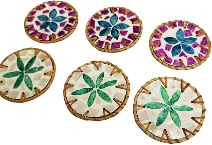 6 PCS Beverage Coasters, Handmade Rattan/Colorful Shell/Coffee&Tea Cup Coasters, Insulated and Cold Proof Beverage, Desktop Protection, and Special Home Gifts