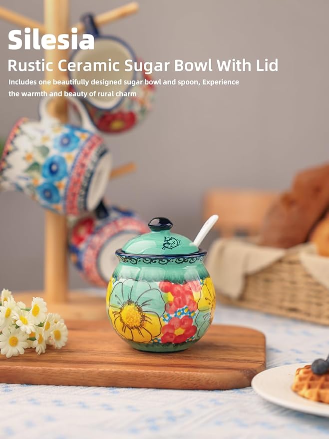 silesia Handmade Sugar Bowl with Lid and Spoon, 8 oz Hand-Painted Ceramic Sugar Jar, Floral Design Seasoning Container for sugar, honey, or spices, Dishwasher Safe (Flowers Green)