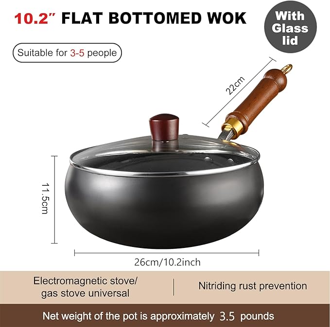 UMETRE Carbon Steel Wok Pan, 10.2" Woks & Stir-Fry Pans with Glass Lid Cookwares, Nonstick Wok Flat Bottom Small Handmade Chinese Wok For for All Stoves