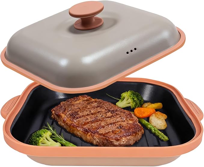 Microwave Grill Pan With Cover, Microwave Bacon Cooker, Portable Microwave Cookware For Grill Meat, Sandwich & Vegetable Dishwasher Safe (Square-Beige)