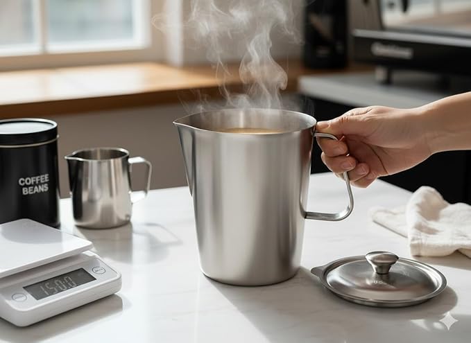 2-Pack 304 Stainless Steel Water Pitcher with Lid, 2L/70oz Metal Pitcher with Lid Wide-Mouth Measuring Cup with Dual-Scale Markings for Mixing, Baking, Coffee, Kitchen Prep