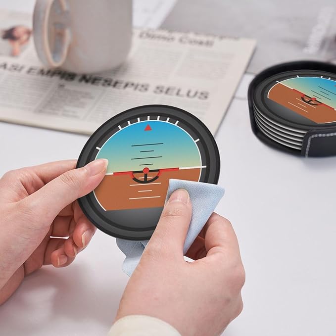 Aviation Leather Drink Coasters Set of 6 with Holder Pilot Gifts for Aviation Lovers