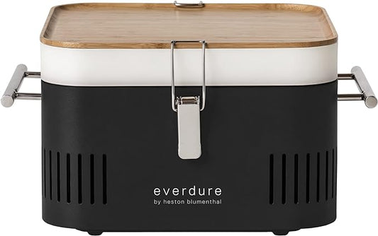 Everdure CUBE Portable Charcoal Grill, Tabletop BBQ, Perfect Tailgate, Beach, Patio, or Camping Grill, Lightweight & Compact Small Grill with Preparation Board & Food Storage Tray, Matte Black