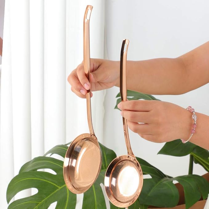 Set of 2 Food Strainers Fine Mesh, Mingcheng 304 Stainless Steel Hot Pot Fat Skimmers for Cooking Grease Gravy and Foam with Long Handle, Small(Dia 3.54in) and Large(Dia 4.53in) Size Rose Gold