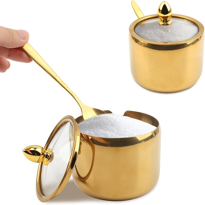 10oz Sugar Bowl with Lid and Spoon, Durable Sugar Pot for Coffee Bar Accessories, Stainless Steel Holder Jar for Salt, Tea, Candy, Home and Kitchen Storage(Gold)