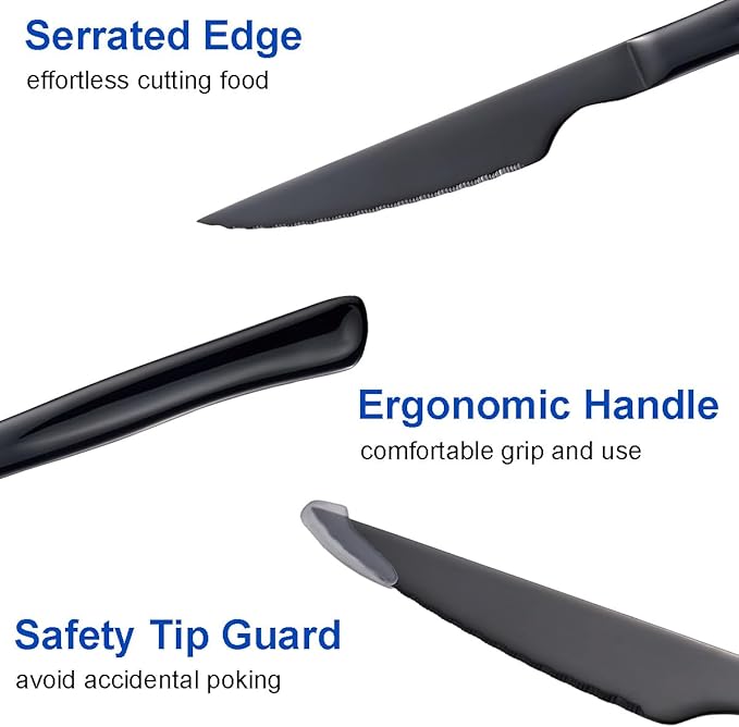 Black Steak Knife Set, 6 Piece Stainless Steel Kitchen Knife Set & Kitchen Utility Knives, 8.7 Inch Serrated Steak Knives, Dinner Knives, Sharp Knife with Ergonomic Handles