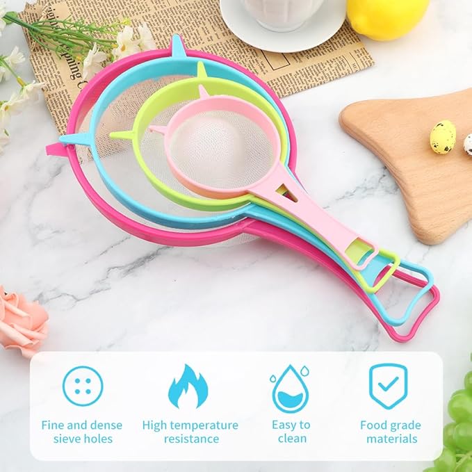 4Pcs Mesh Strainer Set, Plastic Fine Colander Set, Flour Sieve Filter Spoon with Handles, Sugar Sifters Fine Strainer Tea Filter for Filtering Coffee Juice Milk Honey Wine Pasta (COLOR:Random Colors)