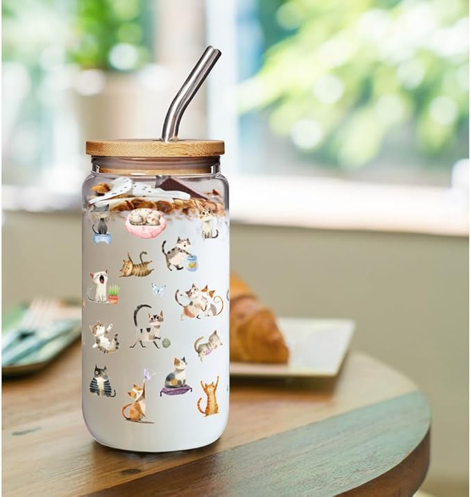 Funny Cat Glass Cups with Lids and Straws Gifts for Love Cats Women Girls, Cute Cool Cat Lover Gifts Decor Stuff Accessories, Cats Lovers Owners Christmas Gift for Daughter Sister Aunt Best Friends