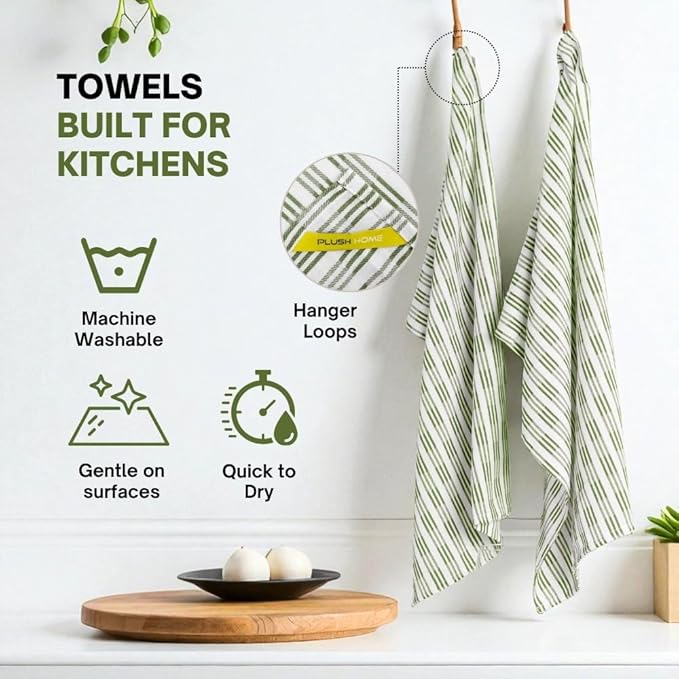 Premium Kitchen Towel Set of 6-100% Cotton Quick-Drying & Absorbent Dish Cloths - 18x28 Inch, Farmhouse Tea Premium Towels with Green Stripes, Twill Weave