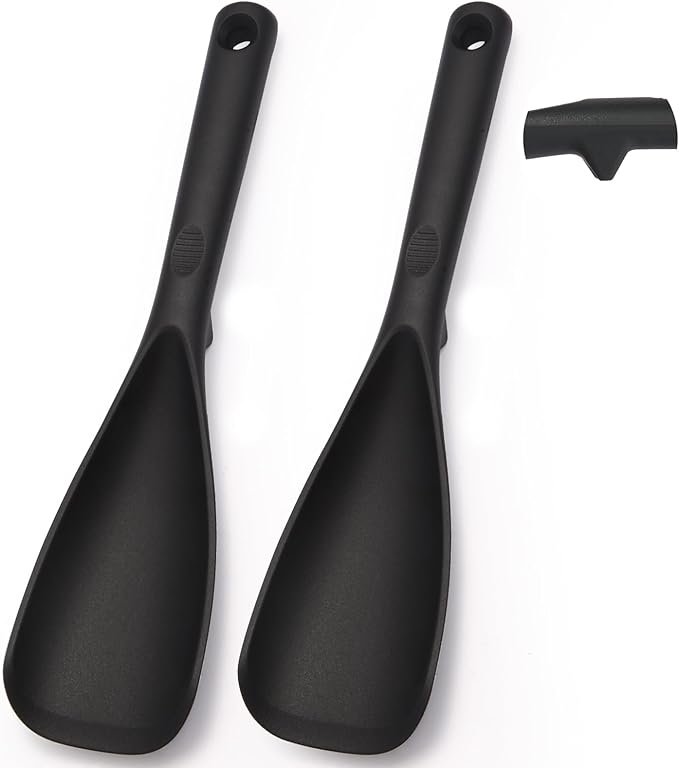 Multifunction Cooking Spoons for Nonstick Cookware, Seamless Design Silicone Spatula Spoon for Mixing, Scoop and Scrape, Dishwasher Safe, 2 Pack, Black