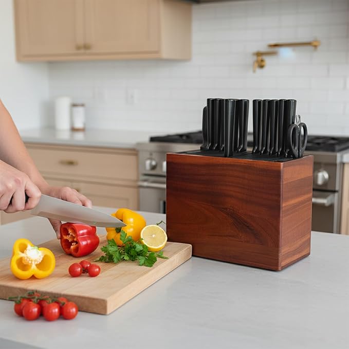 XXL Detachable Universal Knife Block for 28+ Knives, Acacia Wood Holder with Unique Easy-Clean Slots, Hygienic Countertop Storage, Dual Slots for Scissors & Sharpening Rod