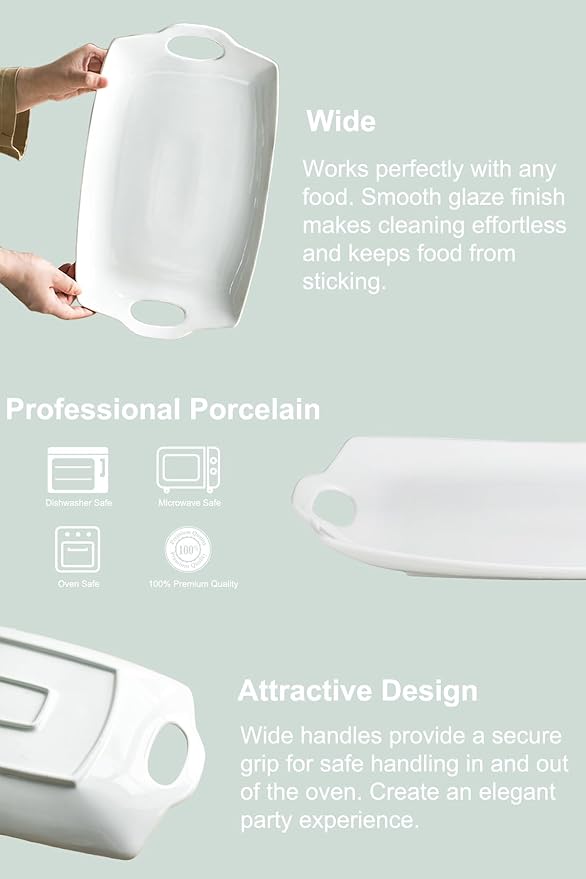 LAUCHUH Serving Platter for Party, 16 inches Large Serving Tray with Handles Porcelain Serving Platters for Meat Serving Dish for Entertaining White Serving Plates for BBQ, Plates Set of 2