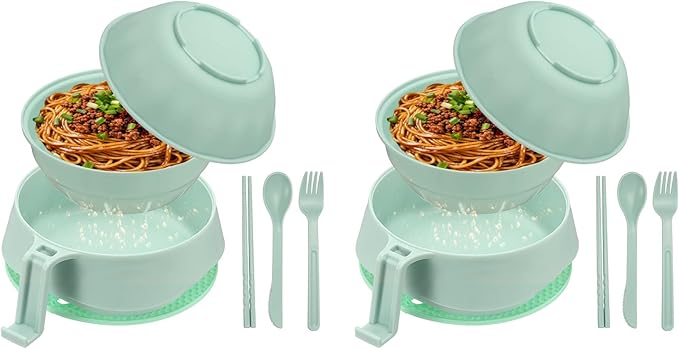 uxcell 2 Sets Microwave Ramen Bowl Set, Wheat Fiber Noodle Bowls Plastic Cooker with Lid Handle Fork Spoon Chopsticks for College Dorm Room Apartment, (Green)