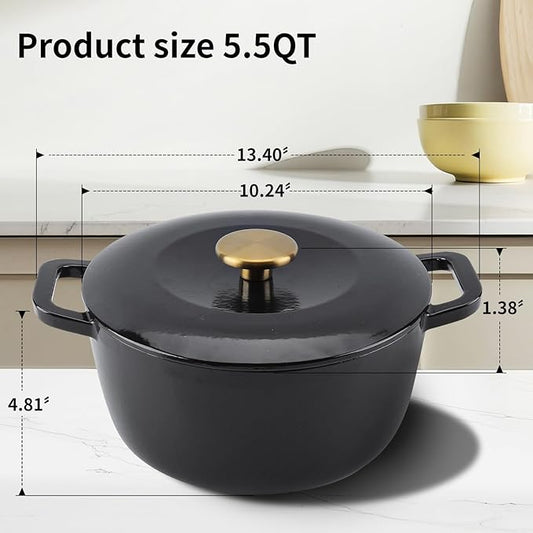 WOKINS Enamel Cast Iron Dutch Oven with Lid,Dual Handles,Heavy-Duty Cookware for Sourdough Bread Baking,Braising,Stews,Roasting,Oven Safe up to 500° F,5.5QT,black