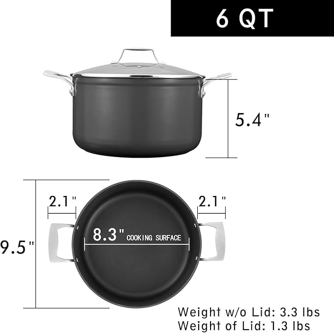 MsMk 6QT Stock Pot with Glass Lid, Burnt also Nonstick, Lasting Non stick, Oven safe to 700°F, Induction, Scratch-resistant Durable PFOA Free Non-Toxic