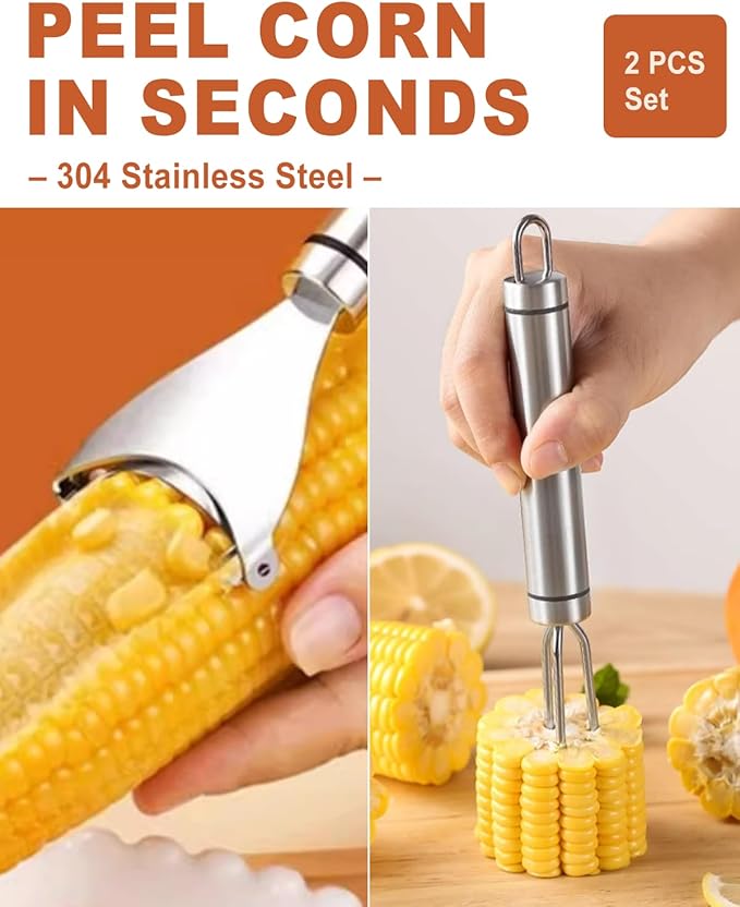 2PCS Corn Peeler Set – Stainless Steel Corn Stripper Tool with Peeler & Fork – Quickly Remove Kernels from Corn on the Cob – Dishwasher Safe, Easy Grip Handle, for Home & BBQ