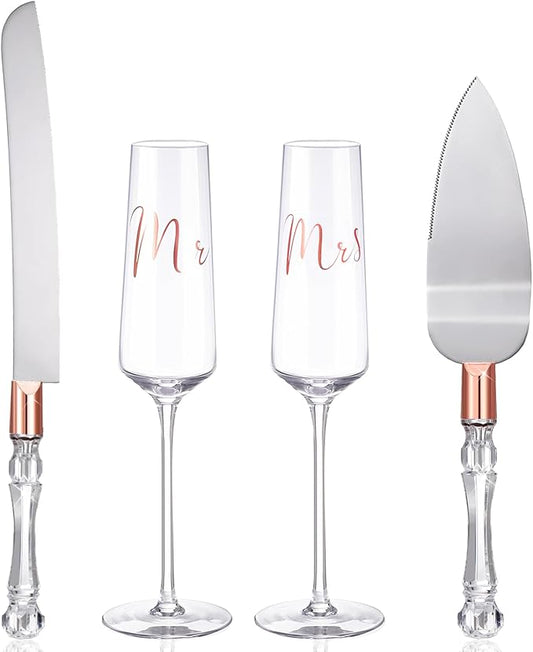 Boao 4 Pieces Wedding Toasting Flutes and Cake Server Set Wedding Reception Supplies Champagne Glasses Cake Knife Pie Server (Rose Gold,Classic)