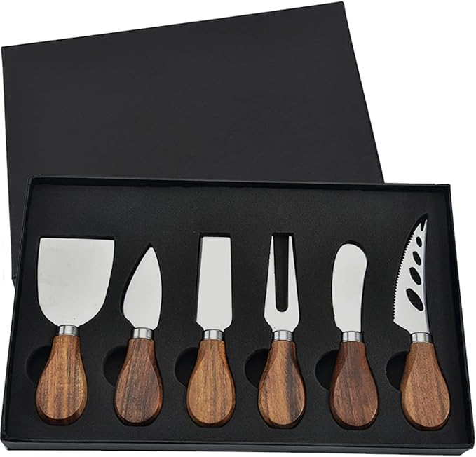 Set of 6 Cheese Knife Set, Cheese Knives Cheese Knife Set Wooden Handle Stainless Steel Cheese Slicer Fork Spreader Cheese Tool for Cheese Butter Pizza Cake