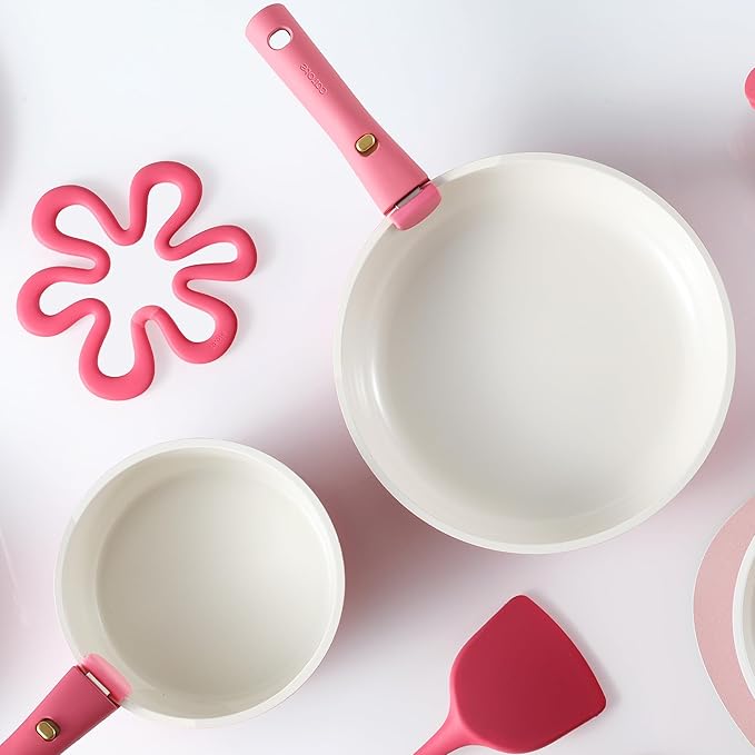 CAROTE Ceramic Sauce Pan Sets with Stand-Up Lid 2QT& 3QT & 4QT, 11 Piece NonStick Kitchen Cookware Sets with Detachable Handle, Non Toxic Cooking Pot, Oven Safe, Induction Ready, Pink