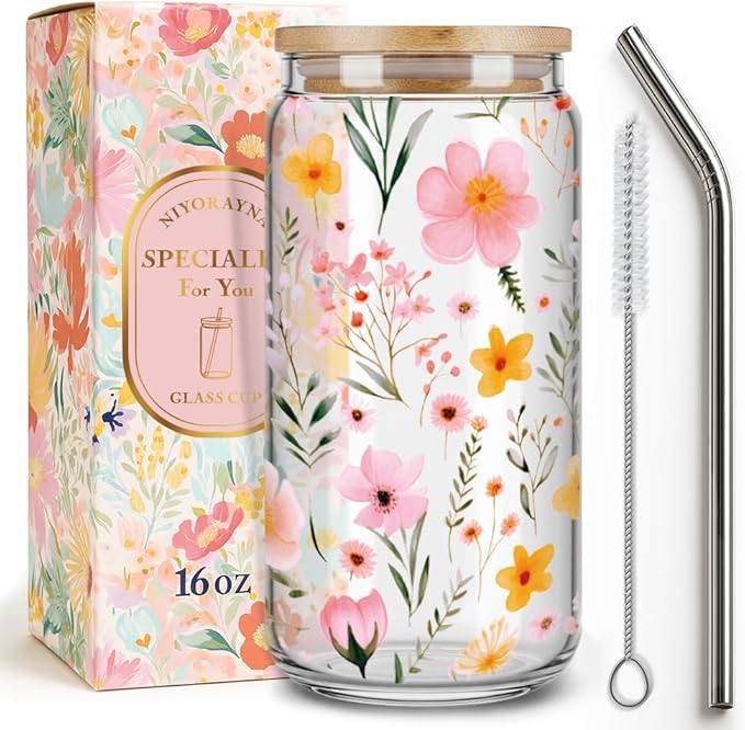 Wildflower Glass Coffee Cups with Lids and Straws Gifts for Women,Frriend,Sister,16oz Cute Wildflower Iced Coffee Drinking Glass Gifts for Birthday Christmas Bridesmaid Party Bridal Shower