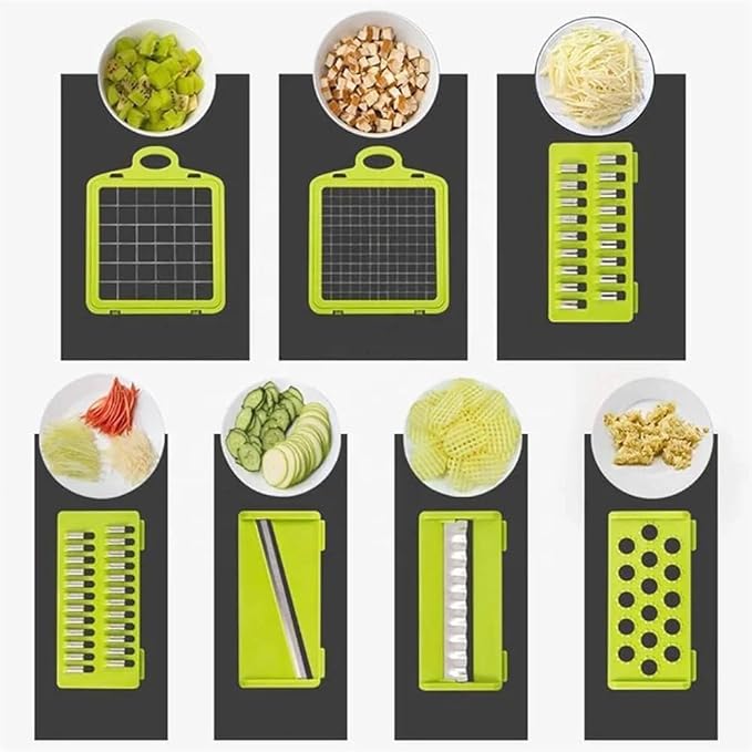 Vegetable Chopper Mandoline, Onion Chopper 16 in 1 Multifunctional Food Chopper with 9 Blades Slicer Dicer Cutter & Dicing Machine with Container in Grey and Green Colour