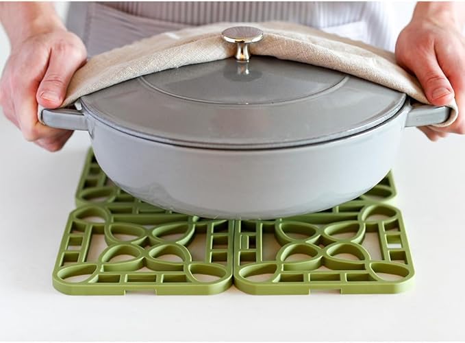 Capabunga 4-Pack Trivets for Hot Dishes - Green Interlocking Hot Pads for Kitchen, Coffee Bar Essentials, Silicone Mats for Kitchen Counter, Heat Resistant Silicone Trivets for Pots and Pans