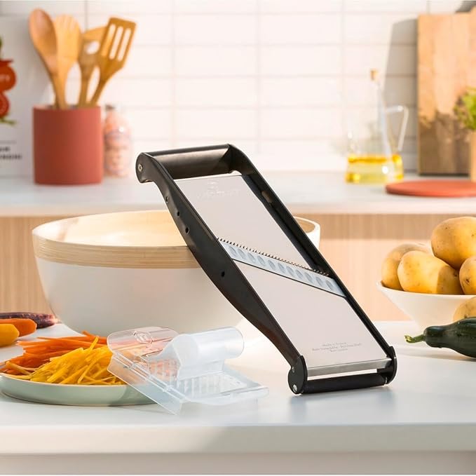 LOUIS TELLIER - Professional Mandoline Slicer - Stainless Steel - Multifunctional Fruit and Vegetable Slicer - Compact Pro - 2 Julienne Blades (0.16 in & 0.4 in) - Adjustable Thickness