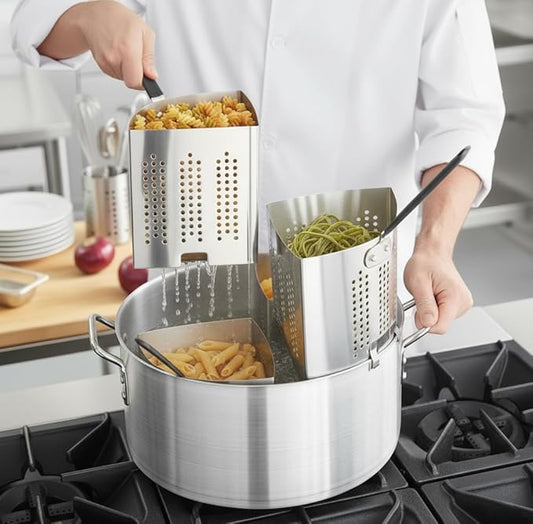 5 Qt. Stainless Steel Pasta Strainer Basket Wedge Inset with Black PVC Handle – Perforated 22 Gauge Steel, Fits 13 15/16”+ Pots, Individual Portion Cooking for Pasta, Vegetables & Seafood (1)