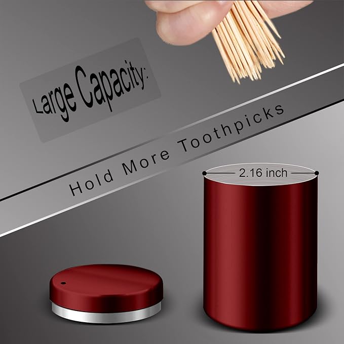 Toothpick Holder, Stainless Steel Metal Wine Red Toothpicks Dispenser, Tooth Picks Lot Container Storage Novelty Box with 500 Pieces Round Bamboo Toothpicks for Teeth and Home Kitchen