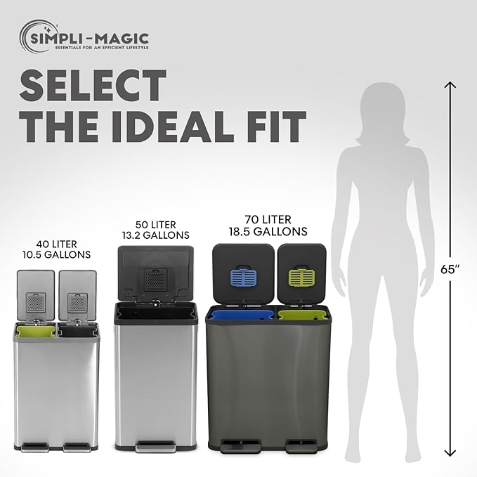 Simpli-Magic 70 Liter / 18.5 Gallon Rectangular Hands-Free Dual Compartment Recycling Kitchen Step Trash Can with Soft-Close Single Lid, Stainless Steel (40L x 30L Capacity) Elegant Black Finish