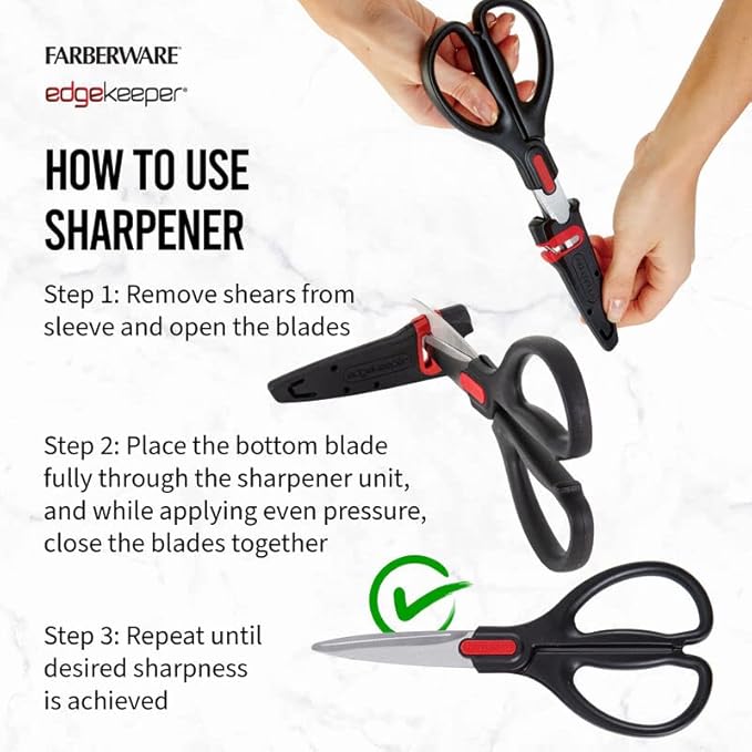Farberware All Purpose and Utility scissors with Edgekeeper Sharpening Sheaths, Strong and Durable Multi Use Scissors, 2-Piece, Black/Red