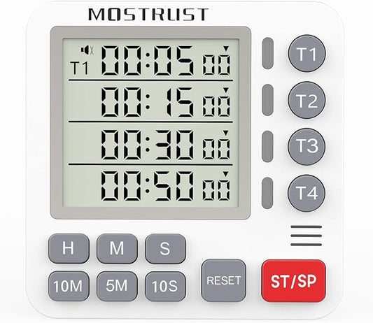 Digital Dual Kitchen Timer, 4 Channels Independent Countdown Timer, Large Display, On/Off, Loud Volume Alarm and Flashing Light with Magnetic Back, Stand, Battery Included (White)