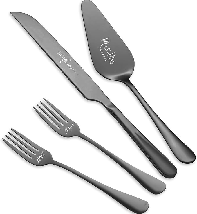 Wedding Cake Knife and Server Set, Cake Cutting Set for Wedding, 4 Pieces Cake Pie Sever set and Forks, Wedding Gifts, Bridal Shower Gifts for Couples (Black)