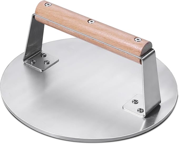 Professional Stainless Steel Smash Burger Press with Wood Handle,Heavy-Duty 8.5 Inch Burger Smasher (3.64 lb) - 6mm Thick Base for Hamburgers, Steak & Bacon
