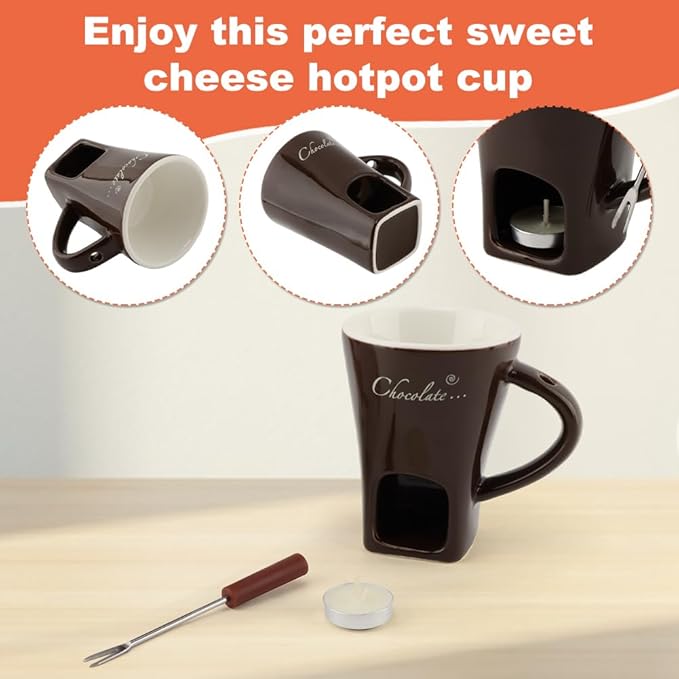 Chocolate Fondue Mugs, Chocolate Melting Cup Set with Forks Candle Warmer, Mini Ceramic Coffee Warmer Mug, Fondue Cups With Forks For Date Night Birthday Wedding Gifts(Black)
