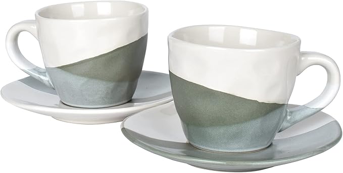 Bosmarlin Stoneware Coffee Cup Mug with Saucer Set of 2 for Latte, Cappuccino, Tea, Oz, Dishwasher and Microwave Safe (Geometric Green, 2)