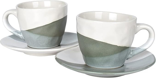 Bosmarlin Stoneware Coffee Cup Mug with Saucer Set of 2 for Latte, Cappuccino, Tea, Oz, Dishwasher and Microwave Safe (Geometric Green, 2)