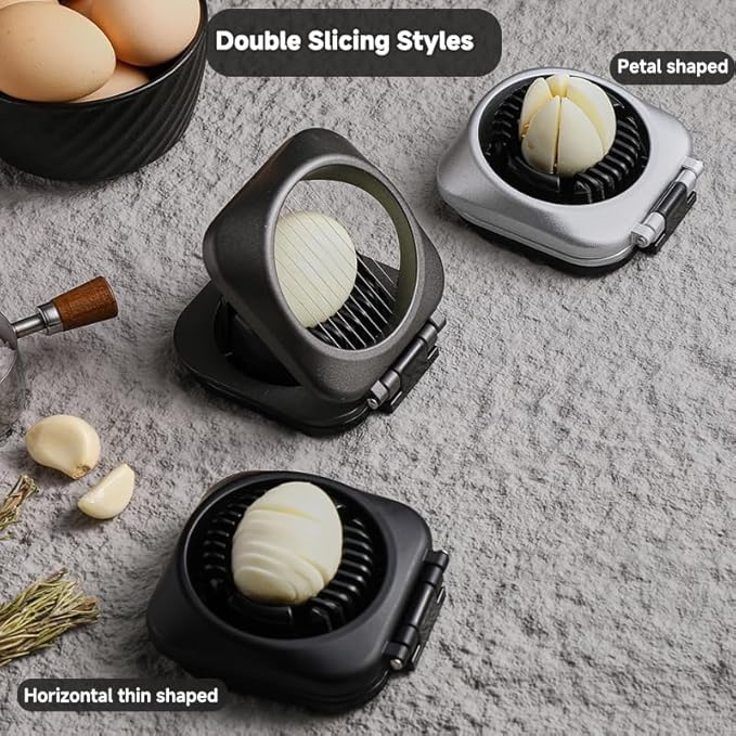 Double Cutter Egg Slicer for Hard Boiled Eggs, Heavy Duty Metal Stainless Steel Aluminum Alloy Egg Cutter for Egg Strawberry Mushroom Hot Dog Soft Fruit Kitchen Tool (Black)