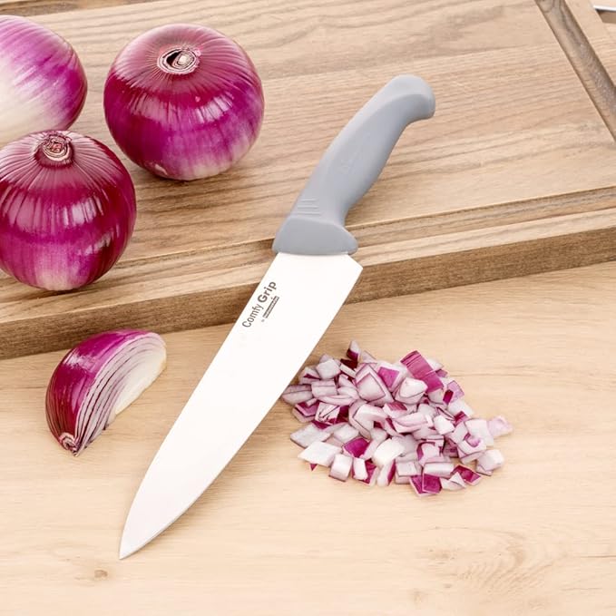 Restaurantware Comfy Grip 8 Inch Chef's Knife 1 Sharp Kitchen Knife - Ergonomic Handle Non-Slip Grip Gray Stainless Steel Cook's Knife Dishwashable Slice Dice Mince or Chop Ingredients