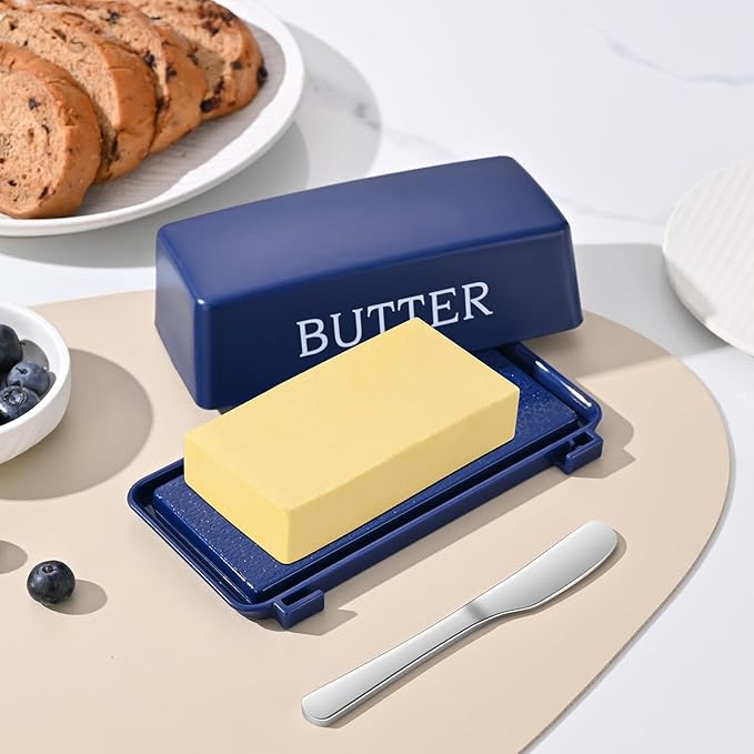Butter Dishes With Lid And Stainless Steel Knife,Food Grade Plastic Butter Holder For Countertop,Blue Cheese Storage Keeper Container