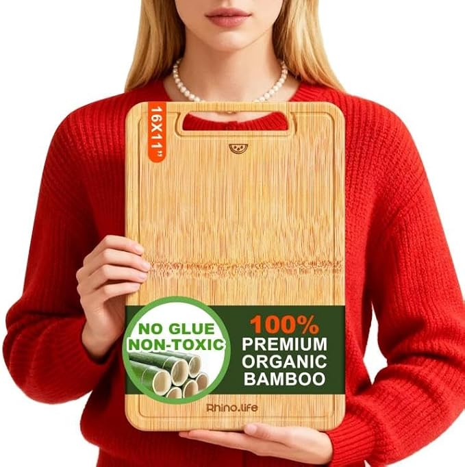 Healthy and No Glue & Organic Non Toxic Large Bamboo Cutting Board with hands for Kitchen,Plastic Free & Juice Groove, Non-solid wood Cutting Board for Meat, Vegetables and Fruits(16 * 11inch)