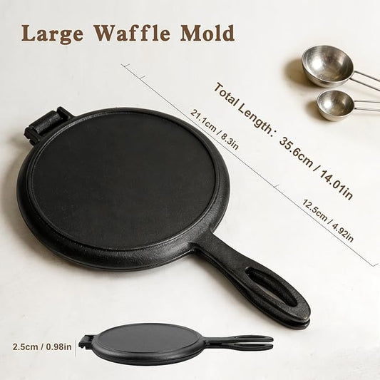 Cast Iron Waffle Cookware Two Piece Hinged Non Electric Waffle Iron for Stovetop or Grill Makes 8" Round Waffles Design Waffle Pan