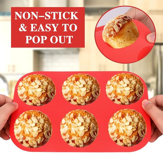 2PCS Silicone Muffin and Cupcake Pan - 6 Cup Non-Stick Mini Baking Molds, Reusable Tin for Brownies, 2 Trays Overlapped (Red, 9.45x6.5x1.57 Inch)