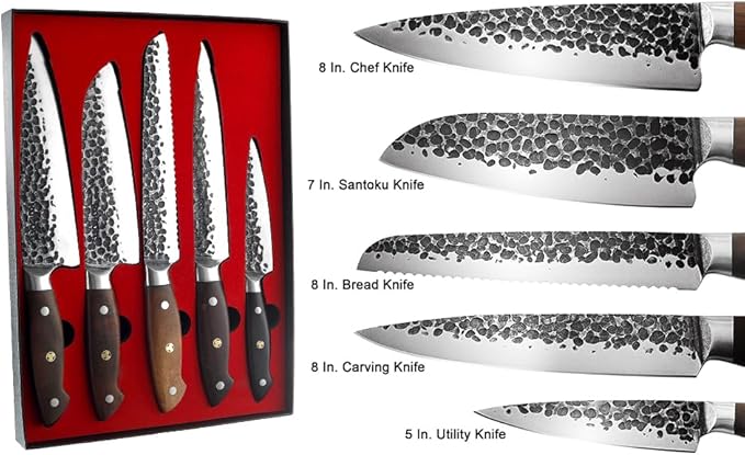 KONOLL Kitchen Knife Set of 5 pcs Japanese AUS-8 Steel Forged Handmade Chef Knives Set without block For Chef Gift Box knofe Set Ultra Sharp with Full Tang Large Wood Handle