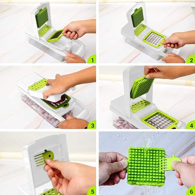 ADOV Vegetable Chopper, 14 in 1 Multi-Function Kitchen Mandoline Slicer, 7 Replaceable Stainless Steel Vegetable Cutter with Egg Separator Hand Guard Julienne Grater for Onion Potato Fruits (Lime)