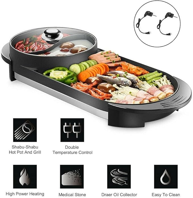Topteng 2 in 1 Hot Pot Grill, Portable Electric Hot Pot Indoor Barbecue Grill Non-Stick Teppanyaki Pan Shabu Shabu Hot Pot Korean BBQ Grill