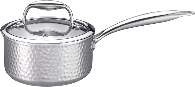 KC-Emier 1-Quart Saucepan with Lid, Tri-Ply Stainless Steel Pot with Stay-Cool Handle & All Cooktop Compatibility (Gas, Ceramic, Electric) - Silver Hammered