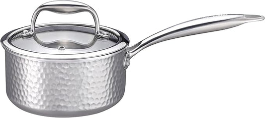 KC-Emier 1-Quart Saucepan with Lid, Tri-Ply Stainless Steel Pot with Stay-Cool Handle & All Cooktop Compatibility (Gas, Ceramic, Electric) - Silver Hammered