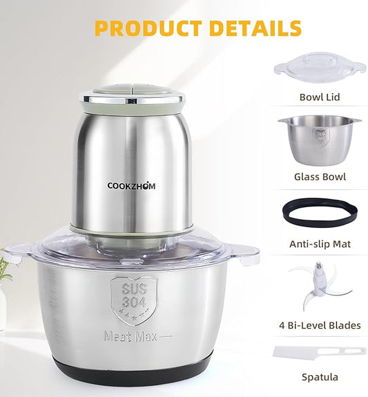 COOKZHOM Food Processor 8 Cup, 500W Electric Food Chopper,Meat Grinder with Stainless Steel Bowl and 2 Sharp Blades Set for Vegetable, Meat, Nuts, Functions for Chopping, Dicing, Mixing and Puree